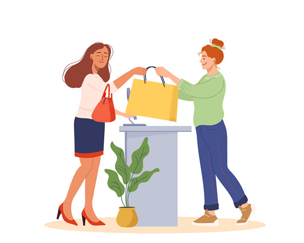 美丽的女性在精品店购买衣服。女性角色在服装店购物。友好的收银员在结账柜台出售衣物。女孩对购买感到满意。平面矢量插图图片下载