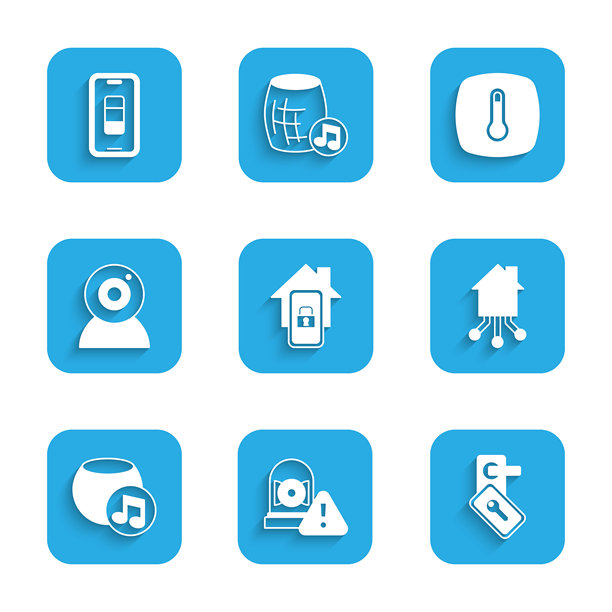 带智能家居的手机、响铃闹钟、数字门锁、智能、语音助手、网络摄像头、恒温器和智能手机电池充电图标矢量素材图片下载