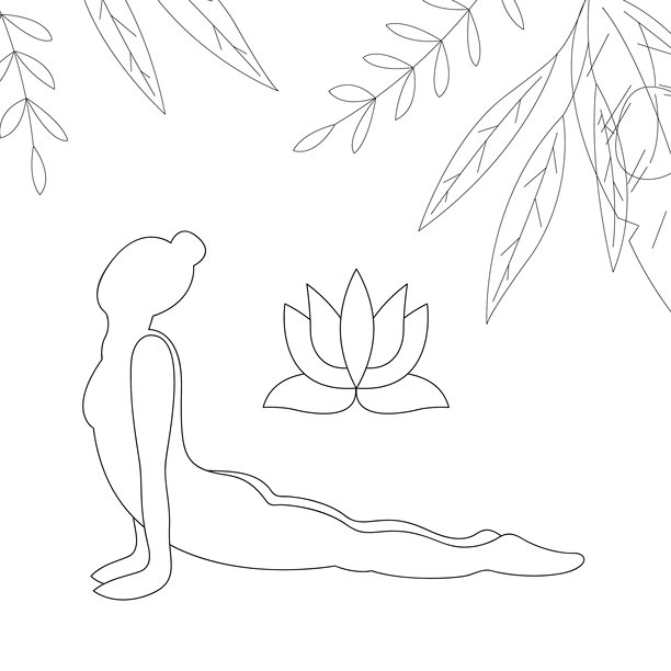 瑜伽。一个女孩的剪影摆出狗的姿势，抬头看。轮廓黑白插图。图片下载