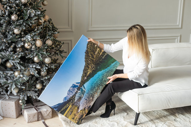 圣诞节时拿着照片画布的女人图片下载