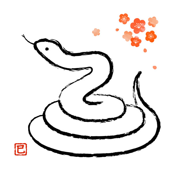 蛇年新年贺卡素材，包含一幅带有毛笔纹理的栖息蛇的线条画图片下载