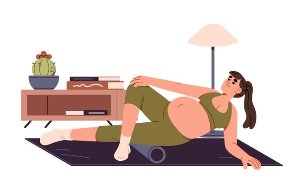 孕期室内健身。孕妇用泡沫滚筒训练。准妈妈做运动，锻炼身体。快乐的腹部女孩练习普拉提。平面隔离矢量插图上的白色图片下载