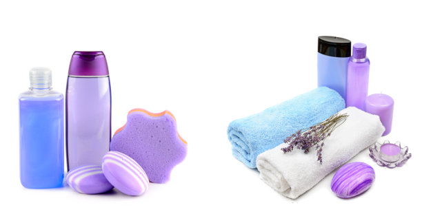 薰衣草洗发水、香皂、毛巾、香薰蜡烛和薰衣草花朵，白色背景下的组合。留白区域可供文字使用。宽幅照片。图片下载