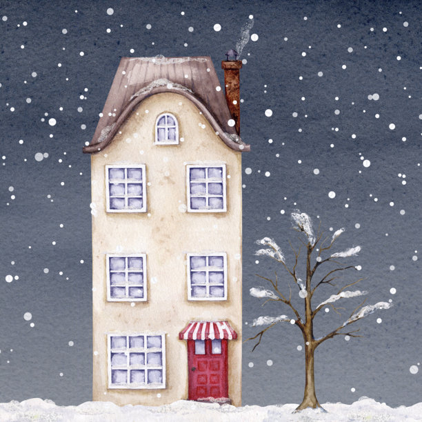 可爱的欧洲房屋。冬季，圣诞节，新年。城市建筑在夜空和飘落的雪花中。手绘插图。老城区。水彩画。明信片、海报、书籍的设计元素。图片下载