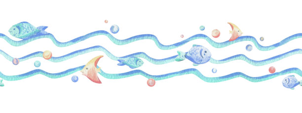 海浪、各种鱼和气泡。手绘水彩插图，蓝色和珊瑚色。无缝边框，童趣、可爱、温柔、简单，适合纺织品和幼儿园装饰。图片下载