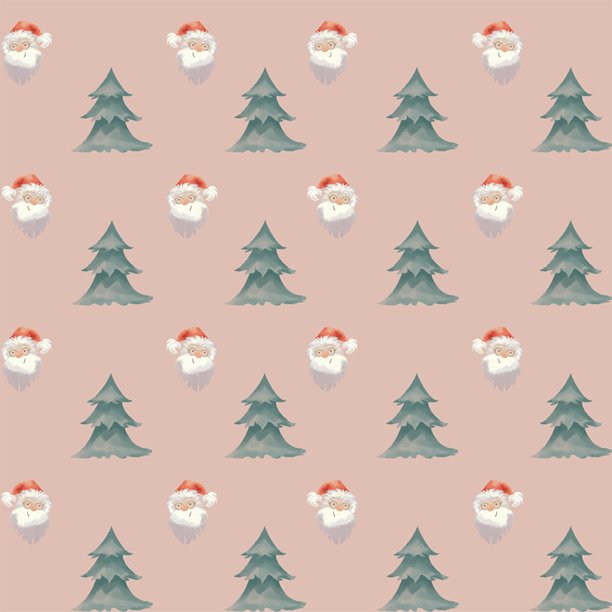 节日冬季无缝图案，包含水彩圣诞老人头像和圣诞树，背景为薄荷色。适用于包装、纺织和面料。图片下载