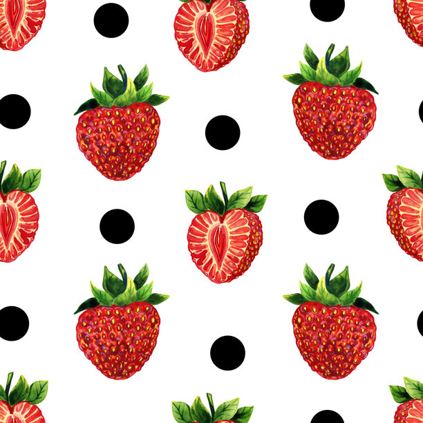 草莓和波点水彩无缝图案。手绘成熟的红色浆果，适用于无尽的背景和纺织品。夏季面料印花。图片下载