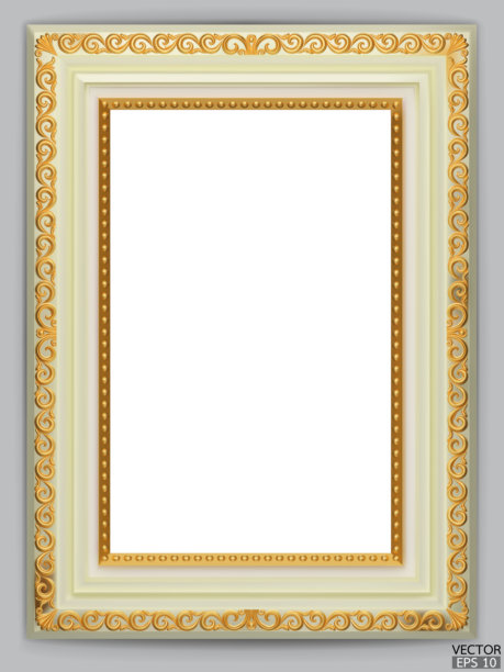 逼真的奶油色木质复古相框，孤立在灰色背景上。矩形相框样机。经典木质照片框。适用于绘画、海报和照片画廊的奶油色边框。3D矢量插图。图片下载