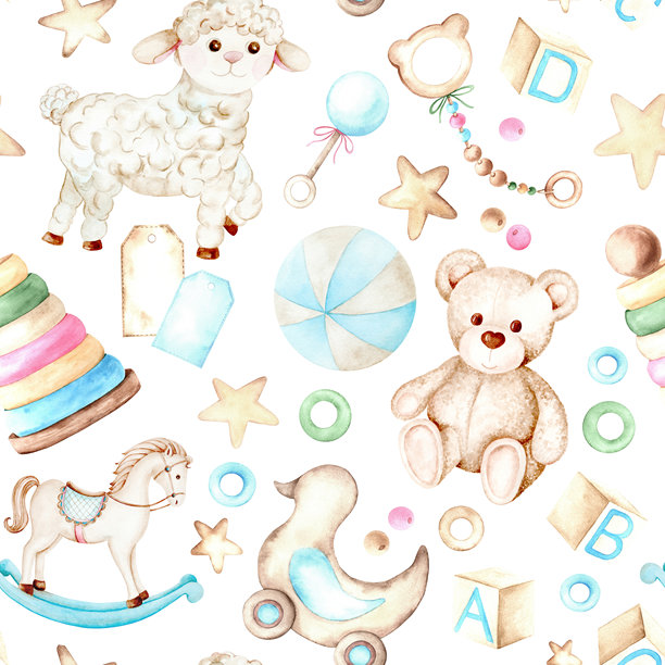 幼儿玩具。柔和色调的水彩图案。手绘婴儿玩具的无缝图案。适合儿童室内装饰、包装和纺织品。图片下载