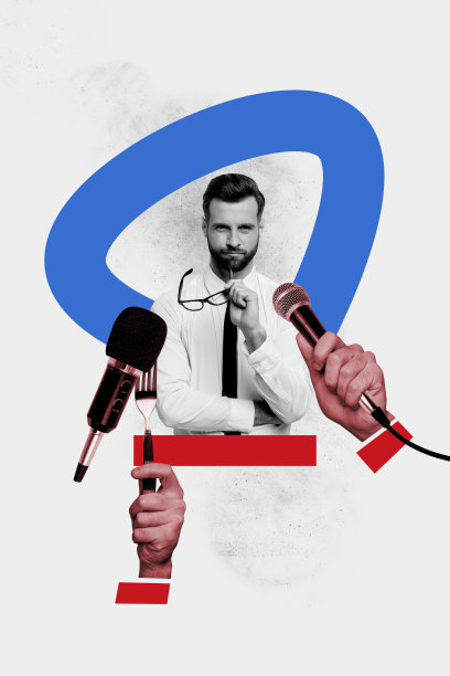 单色年轻男子佩戴专业眼镜，手持麦克风进行采访演讲的综合趋势艺术素描照片拼贴。图片下载