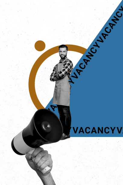 快乐的修理工穿着眼镜和围裙，手持扩音器在涂鸦背景上宣布的竖版照片拼贴。图片下载