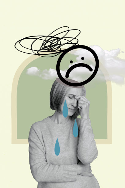 趋势艺术作品图像照片拼贴，悲伤表情符号贴纸，哭泣水滴，压力，抑郁，坏心情，混乱，压力，年长女性，头痛图片下载