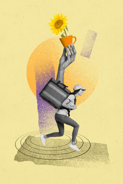 年轻女性快递员快速奔跑，手提食物袋和背包，手中还拿着向日葵盆栽的竖版照片拼贴。图片下载