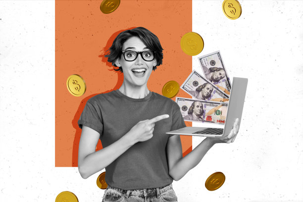 年轻女性的交易员的复合趋势艺术作品，3D草图图像，照片拼贴，佩戴眼镜，微笑，手指指向笔记本电脑，富有与金钱。图片下载