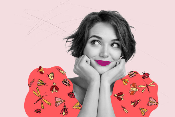 快乐女孩穿着设计师服装，虫子图案，夏季散步休闲，蝴蝶，背景为涂鸦风格的合成照片拼贴。图片下载