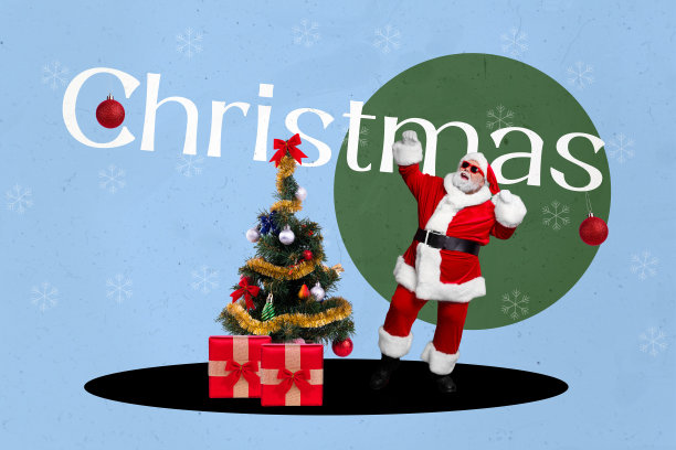 节日艺术素描照片拼贴，描绘了快乐的圣诞新年庆祝活动，包含一位年长的圣诞老人、平安夜、圣诞树和礼物盒。图片下载