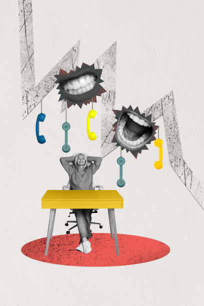 超现实空间风格的艺术作品，照片拼贴，描绘一位年长女性办公室经理坐在扶手椅上，思考着，嘴唇旁边有一部座机电话。图片下载