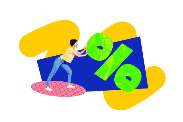 黑色星期五促销横幅的复合趋势艺术作品，3D草图照片拼贴，年轻女士手推巨大的折扣百分比。图片下载