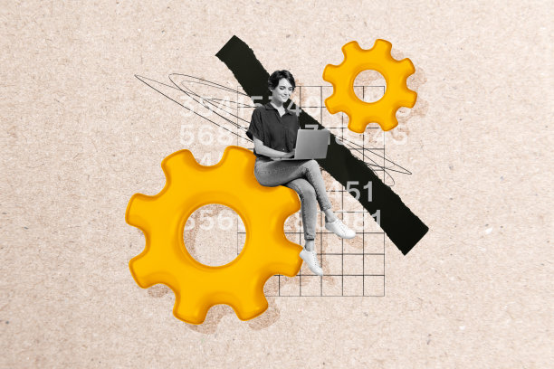 快乐女孩的合成照片拼贴，使用笔记本电脑输入数字代码，虚拟科技商业，背景为涂鸦风格。图片下载