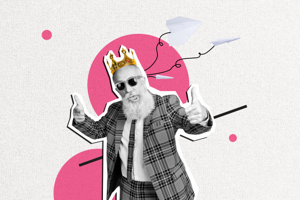 潮流艺术品素描图像照片拼贴：超现实空间轮廓老年男子眼镜皇冠国王手势手指指向选择炫酷派对图片下载
