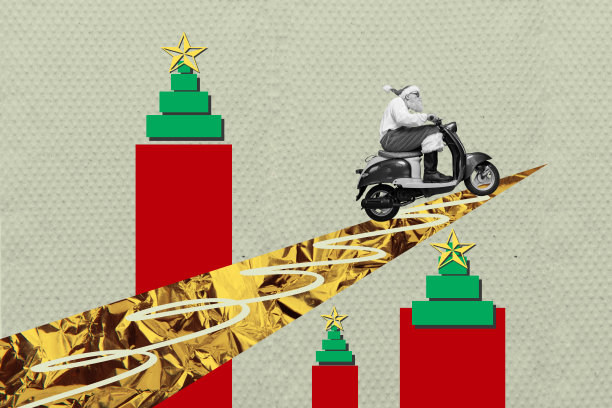 严肃的老年圣诞老人骑着维斯帕摩托车，冬季新年假期快递员，合成照片拼贴，背景为涂鸦风格。图片下载