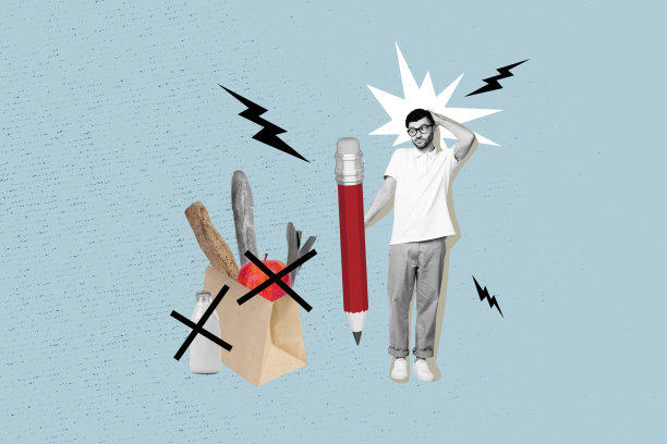 困惑的年轻人铅笔叉食物清单超市饮食购物清单广告牌的合成拼贴图片图片下载