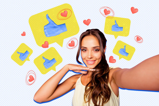 快乐的女孩，受欢迎的博主，自拍时竖起大拇指，背景为涂鸦风格的合成照片拼贴。图片下载