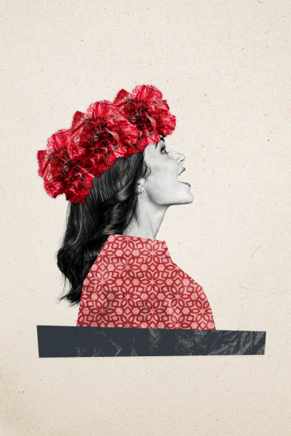 垂直照片拼贴，快乐女孩佩戴牡丹花环，花卉护发概念，营养护理，背景为涂鸦风格。图片下载