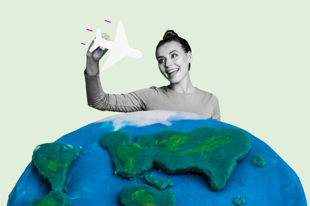 快乐女孩手持飞机和地球仪的拼贴照片，旅行、飞行、搬迁的概念，背景为涂鸦风格。图片下载