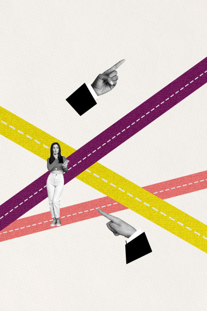 迷糊女孩手持手机的竖向照片拼贴，迷失方向，双手指引旅游路线，选择在涂鸦背景下。图片下载