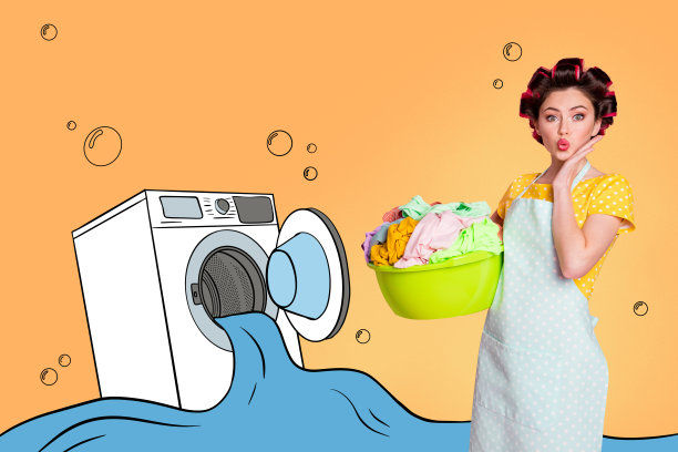 快乐嘟嘴女孩家庭主妇手提洗衣盆在洗衣机旁洗衣日彩绘背景合成照片图片下载