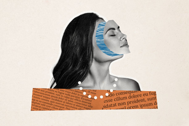 快乐女孩的面部美容面膜程序合成照片拼贴，水中项链珠宝配饰，背景为涂鸦风格。图片下载