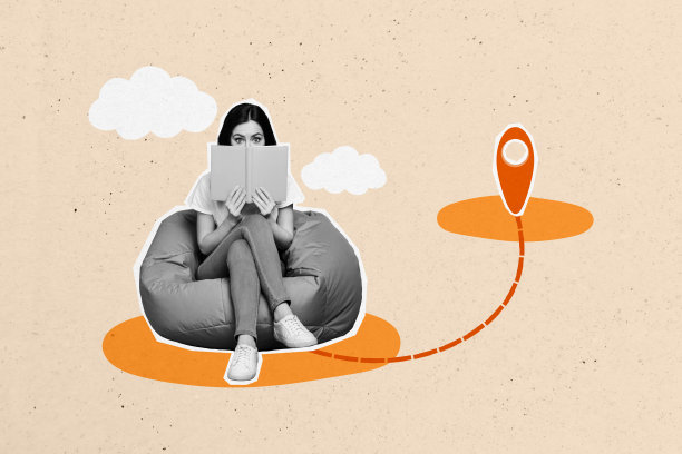 复合趋势艺术作品 3D 草图图像 照片拼贴，剪影年轻女士坐在豆袋椅上阅读书籍，想象旅行地点，天空与云彩。图片下载