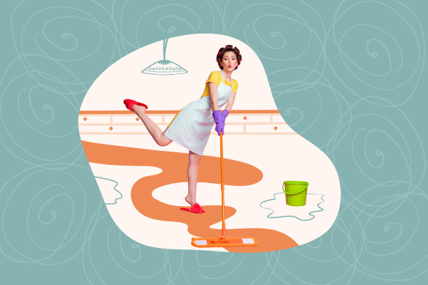 创意照片：时髦主妇拖把清洁地板图片下载