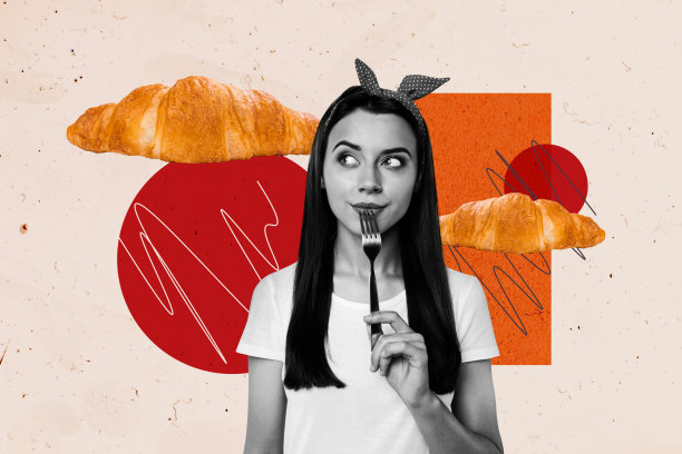 快乐女孩手持叉子和可颂糕点的拼贴照片，营养食品与垃圾食品，面团背景涂鸦。图片下载