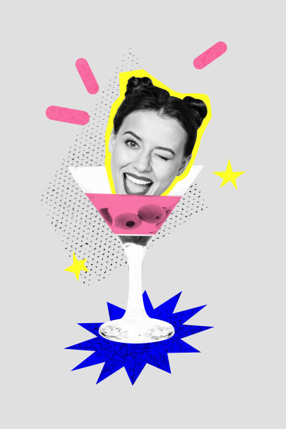 快乐女孩的竖版照片拼贴，探头眨眼，享受派对鸡尾酒饮品，周末酒吧场合，放松身心，背景为涂鸦风格。图片下载