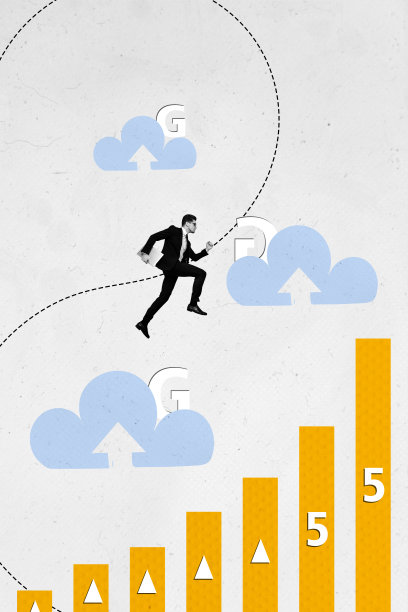 严肃的男性自由职业者的垂直照片拼贴，云存储、无线网络、5G连接、网络图表和箭头，背景为涂鸦风格。图片下载