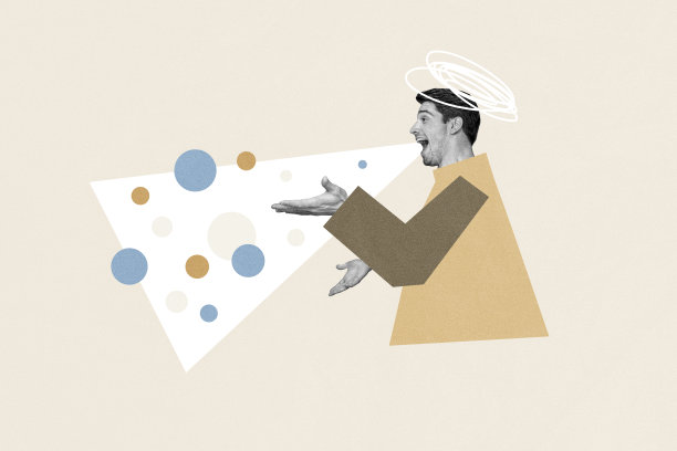 创意照片拼贴，年轻男子积极情绪，快乐、轻松的心情，圆形几何图形、涂鸦和笑声图片下载