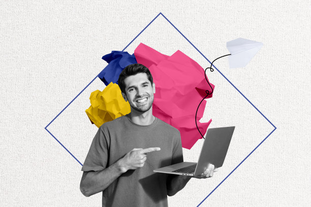 趋势艺术作品草图复合3D照片拼贴，剪影纸飞机信息飞翔，年轻人手持笔记本电脑，遥控器指向。图片下载