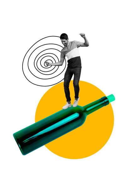 快乐男人在周末聚会中跳舞，手持香槟瓶，放松心情，餐厅背景的竖版照片拼贴。图片下载