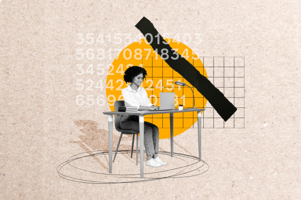 快乐女商人在办公室工作场所坐着，使用笔记本电脑，背景是涂鸦风格的数字代码黑客拼贴照片。图片下载