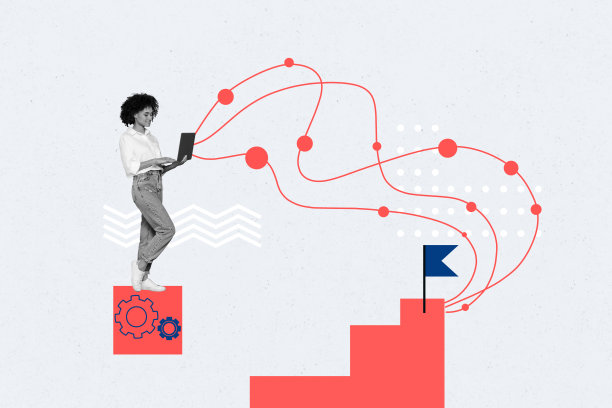 趋势艺术作品合成素描图像照片拼贴，展示年轻女性在远程工作中使用笔记本电脑连接网络的交易商业职业图形统计。图片下载