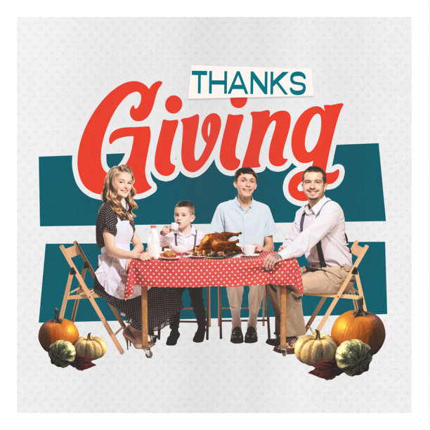 当代艺术拼贴。家庭在感恩节聚餐时坐在一起，周围是南瓜，营造出温暖的节日气氛。复古风格，性感插画。图片下载