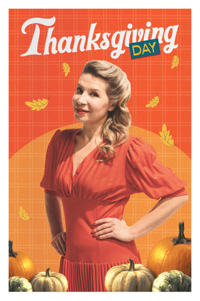 当代艺术拼贴。穿着红色连衣裙的女性被南瓜和树叶环绕。自信而节日气氛浓厚的感恩节造型。复古风格，美女形象。图片下载