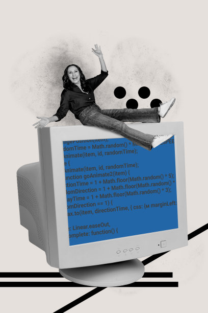 复合趋势艺术作品 3D 草图图像 照片拼贴 黑白色的老年女性坐在巨大的过时电脑显示器前，微笑并挥手致意图片下载