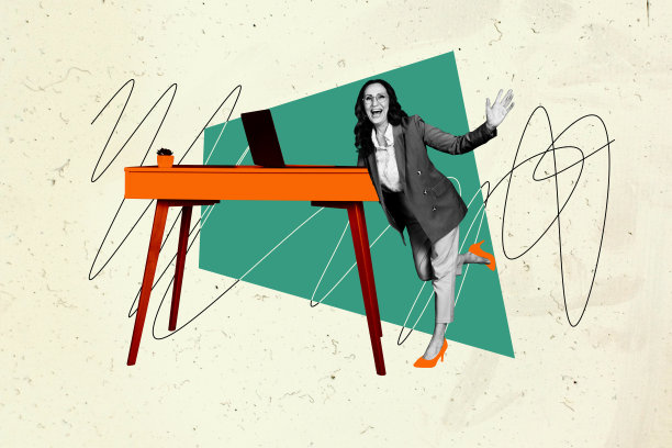 时尚优雅的女士微笑着站在桌子旁，身穿正式服装，桌上有笔记本电脑，展示远程办公的照片拼贴。图片下载