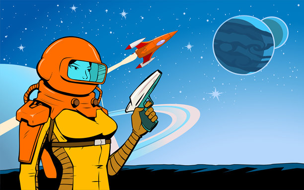 复古风格女宇航员持枪星球外太空背景矢量插画图片下载