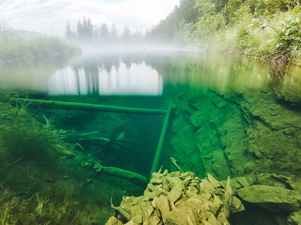 山中失落湖泊的水下照片，深邃的黑暗深渊，湖底躺着的树木，清澈的水。图片下载