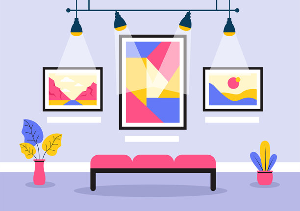 现代抽象画展览中的博物馆游客矢量插图，展示当代设计风格的照片画廊图片下载