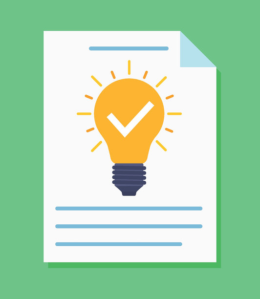 这张图片展示了一份文件，上面有一个黄色的灯泡和一个白色的勾号，象征着成功或认可。背景是绿色的，文件下方有蓝色的文字线条。图片下载
